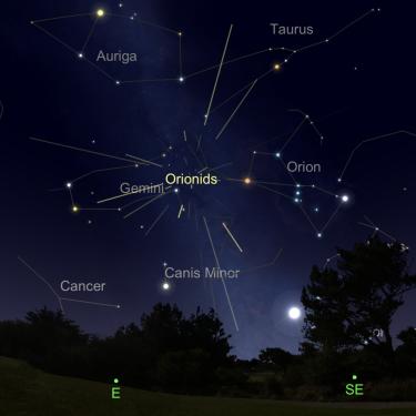 Graphic from Sky Safari showing Orionid meteror shower in the eastern sky