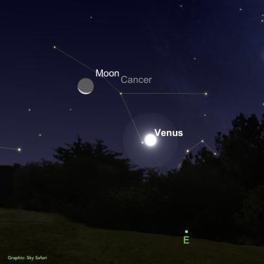 Graphic from Sky Safari looking towards the east with bright Venus in view above the trees and the Moon to the left