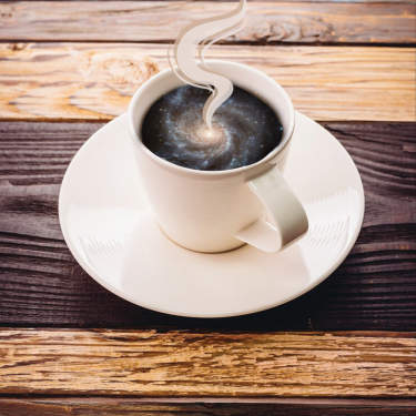 Graphic of a cup and a saucer on a wooden slat table with a galaxy image in the liquid area with steam