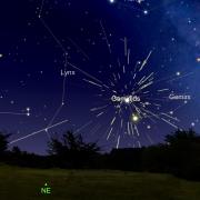 Graphic from Sky Safari showing the northeastern horizon with trees and the radiant of the geminid meteor shower against the pretty star filled sky