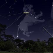 Graphic from Sky Safari app showing the horizon with trees constellation of Leo rising with the radiant of the meteor shower