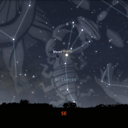 Graphic from Stellarium of the southeastern sky showing the constellation of Scorpius rising above the horizon and the Moon next to the star Antares.