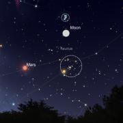 Graphic from Sky Safari app showing the horizon with the Moon in between the Pleiades and the Hyades, Mars is in view too