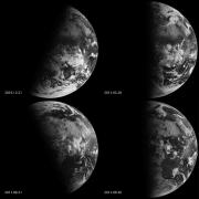 Photo from NASA Earth Observatory - shows four photos of earth in black and white demonstrating the changes of the seasons, related to the position of sunlight on the planet, are captured in this view from Earth orbit by the Meteosat instrument