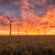 Photo of wind turbines in a field during sunset