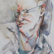 Watercolor of Professor Hawking was completed in 2010 by Wildrose Hamilton