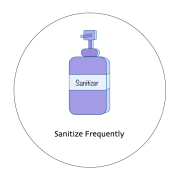 Graphic of a hand sanitizer bottle with text sanitize frequently.