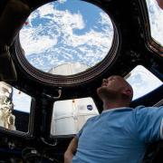 Photo on board the ISS astronaut looking out the cupola windows at earth