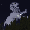 Graphic from Sky Safari showing leo the lion constellation rising above trees with the full moon by shoulder