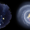 Two graphics first showing the Milky Way galaxy stretching from southern to northern horizon in a fisheye and second is an artist illustration of the milky way showing the sun's position