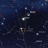 Graphic from the app Sky Safari that shows the constellation of Taurus with Jupiter and the Moon, plus the Hyades star cluster in the center and the Pleiades to the lower right