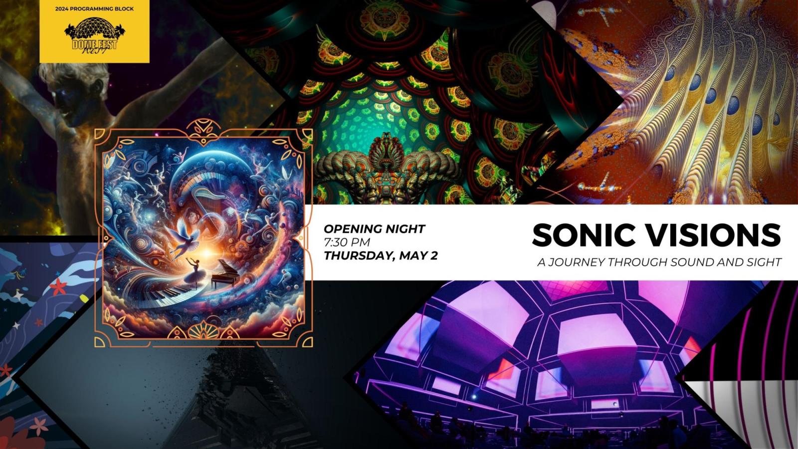 Sonic Visions text with Dome Fest West logo and 8 still images from films