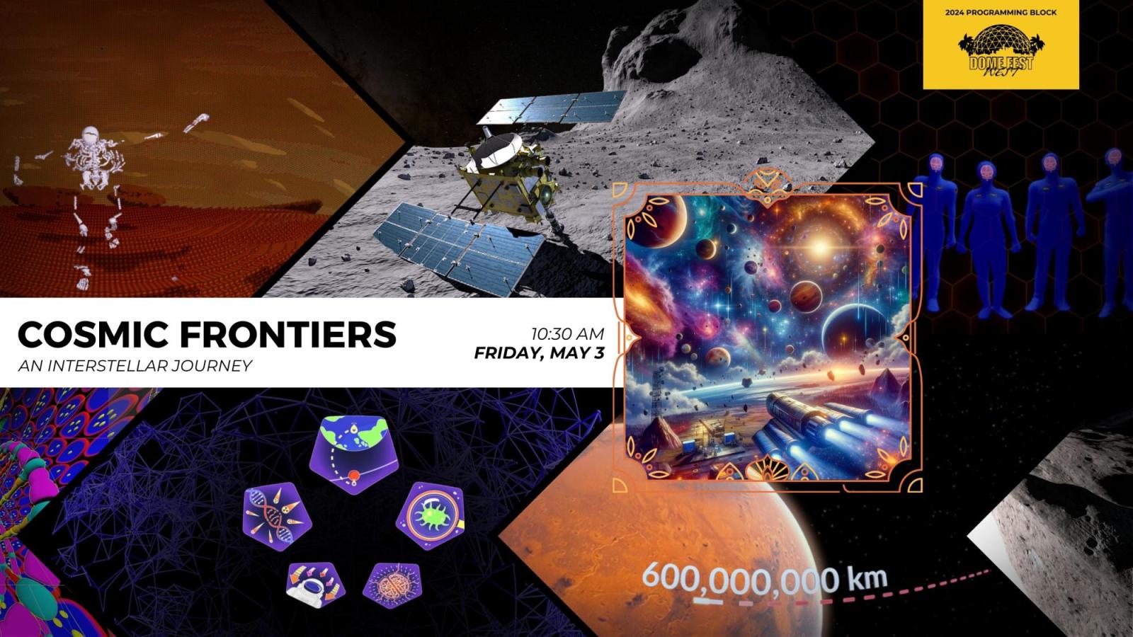 May 3 Cosmic Frontiers text with Dome Fest West logo and 8 still images from films