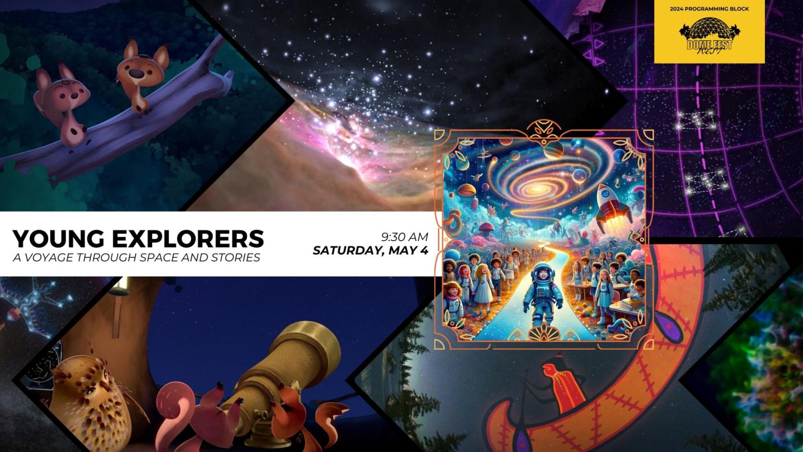 Young Explorers text with Dome Fest West logo and 8 still images from the films