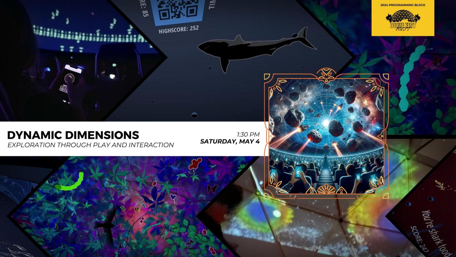 Dynamic Dimensions text with Dome Fest West logo and 5 still images from the films