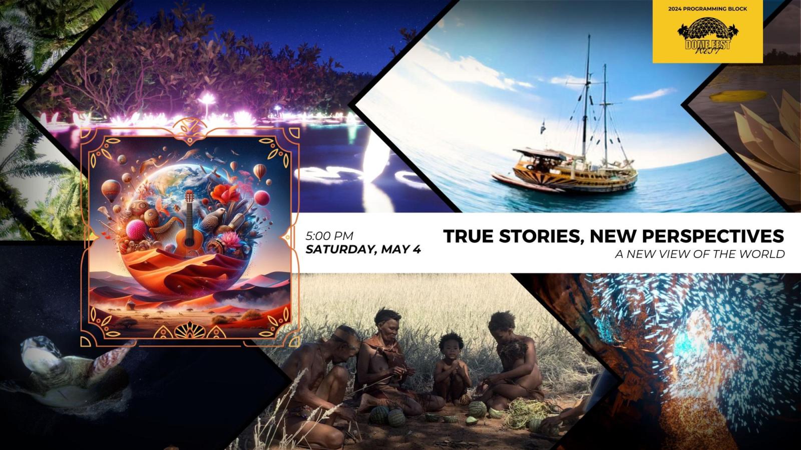 True Stories, New Perspectives text with Dome Fest West logo and 8 still images from the films