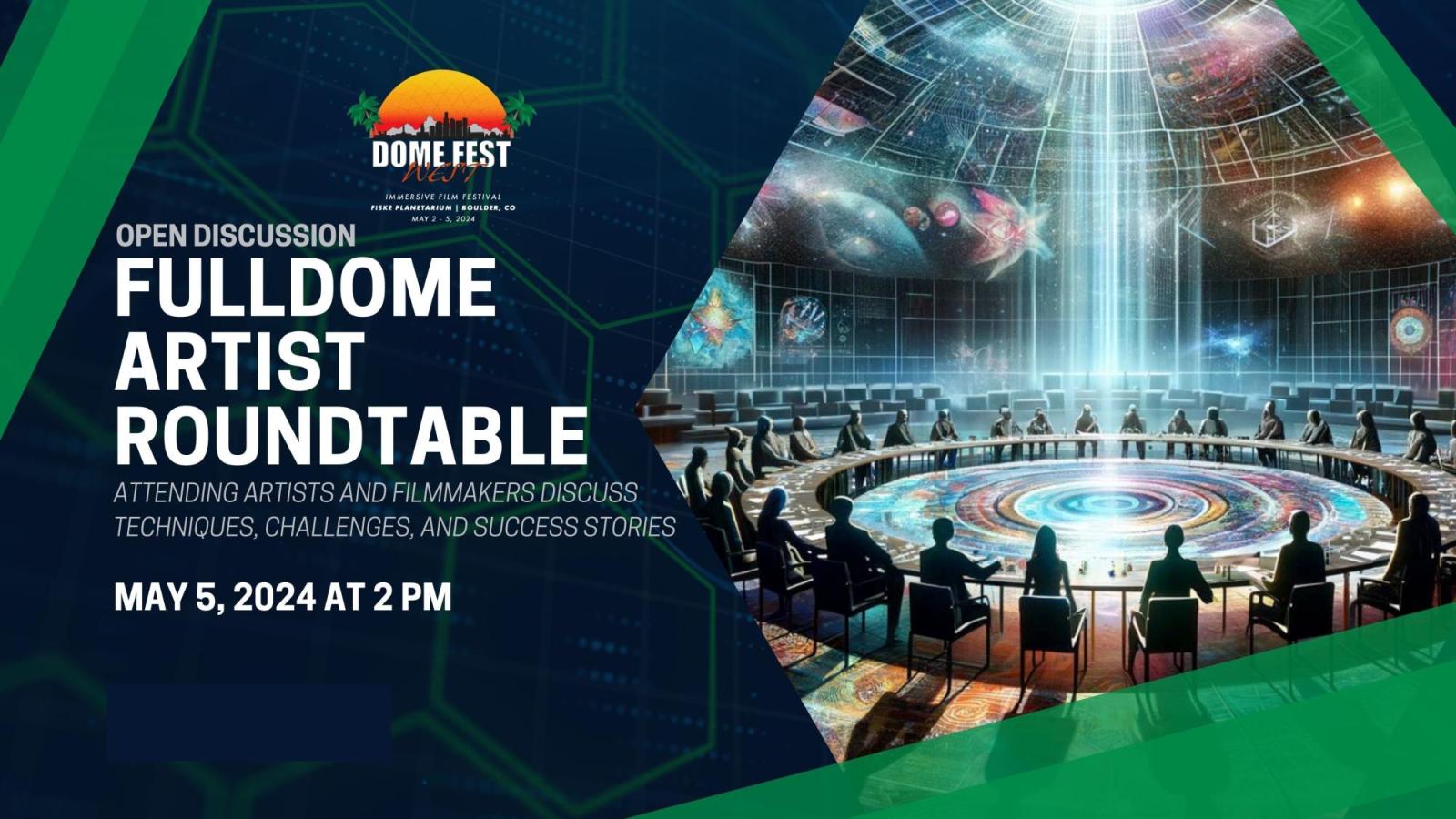 Fulldome Artist roundtable text with Dome Fest West logo and 1 still image from a film with people sitting around a concentric circle with light coming in from above