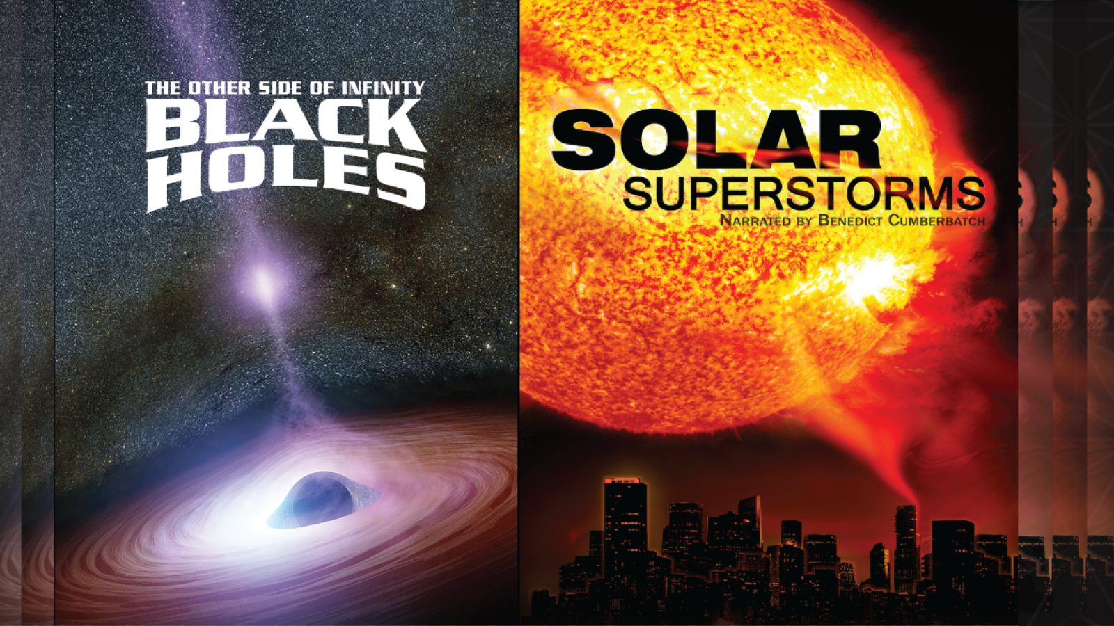 Artist illustration of a black hole up close with event horizon and a still image from the film with a close up stellar flare over a city