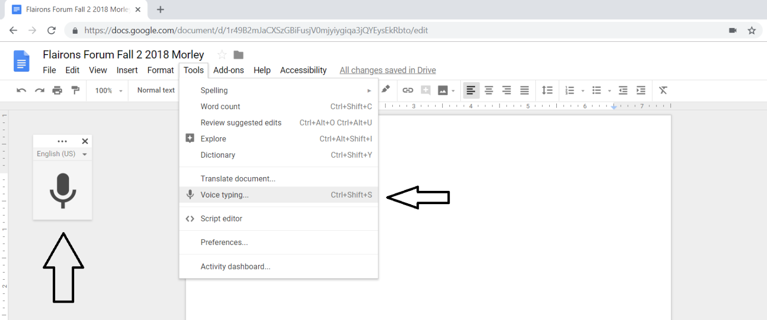 How to access Voice Typing in Google Docs