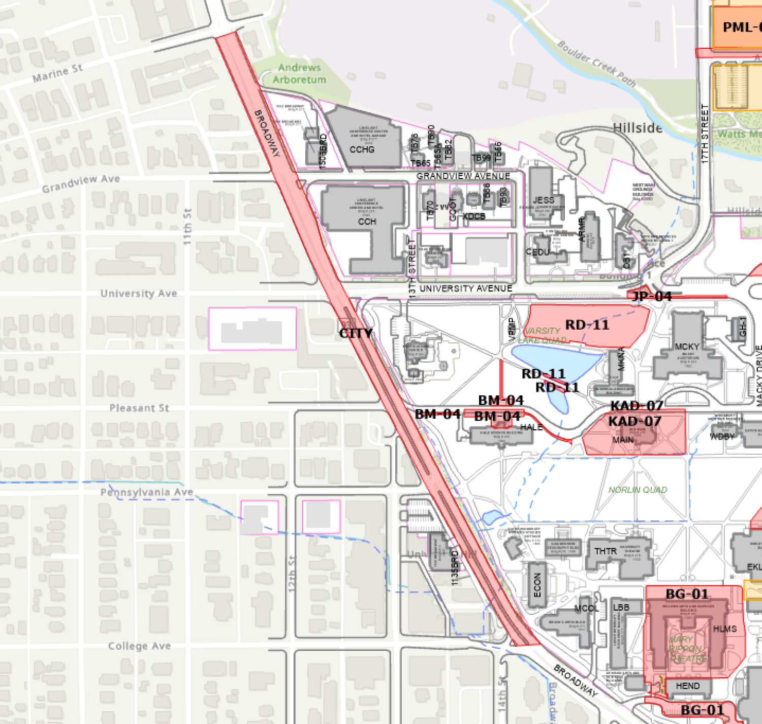 Map showing construction on Broadway between College and Marine