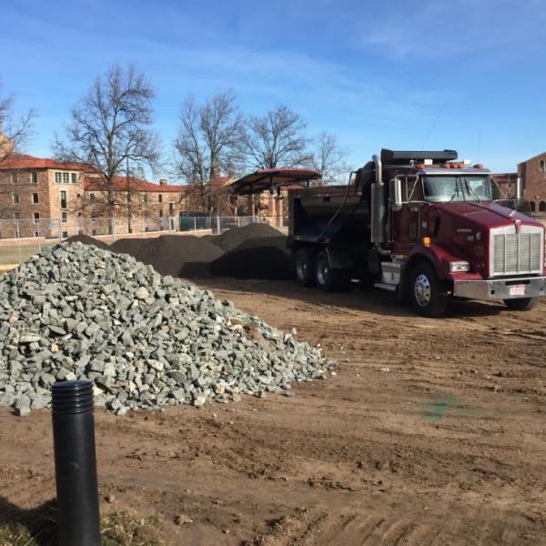 Site work on Farrand Field in preparation for staging area