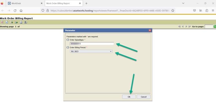 work order billing report parameters