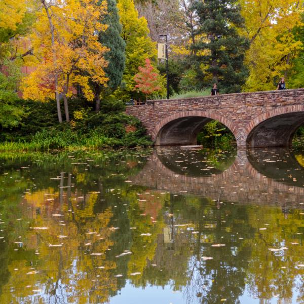 Fall view of Varsity Pond bridge at CU