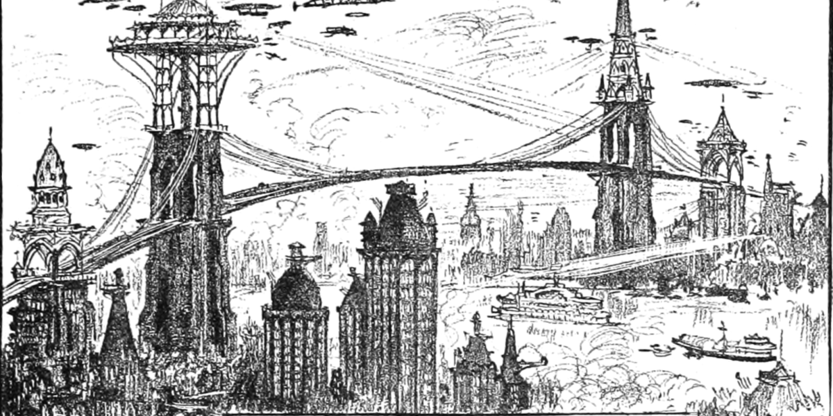 rom the French illustrator Robida - a futuristic/steam punk bridge