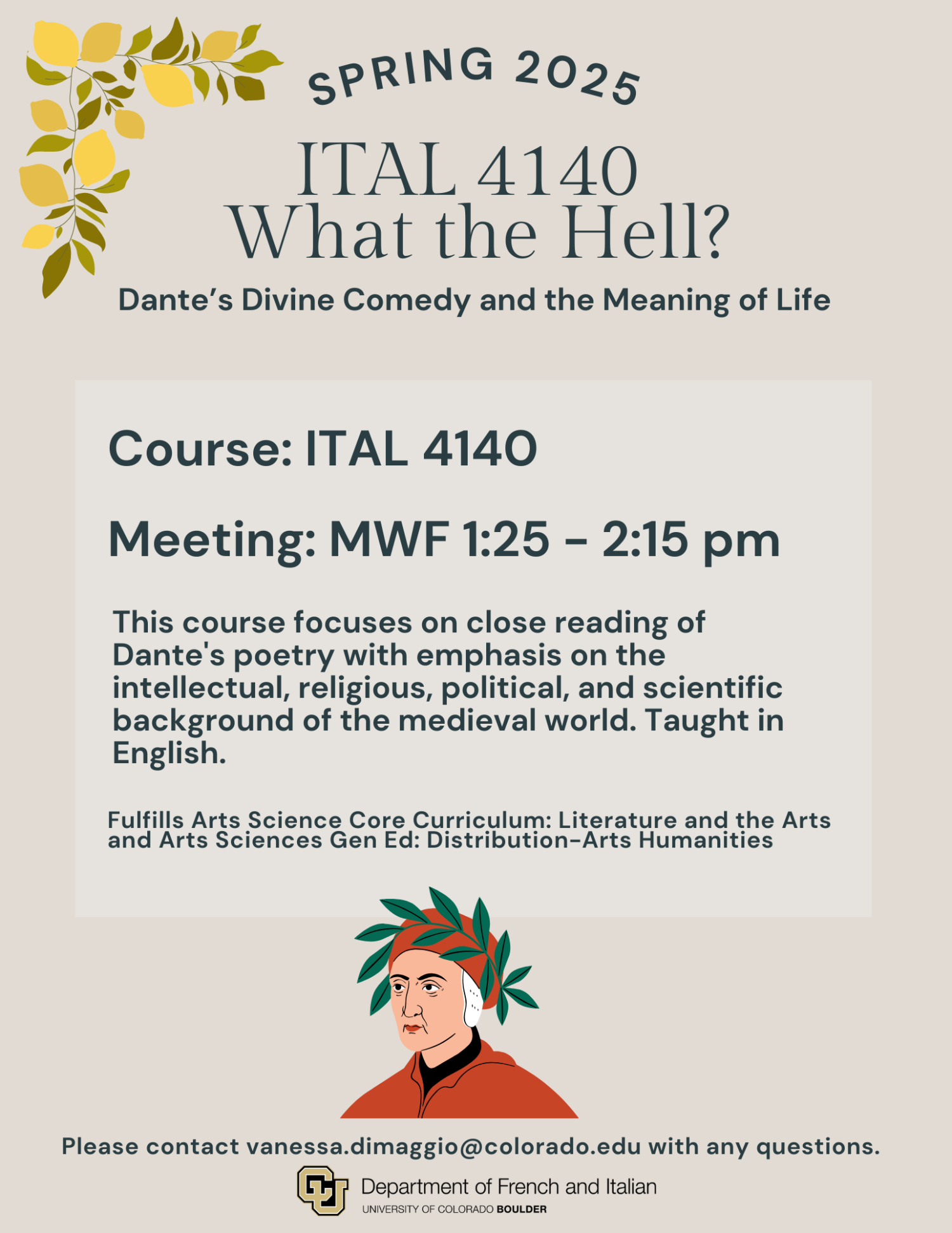 Spring 2025 flyer for ITAL 4140 - What the Hell? Dante's Divine Comedy and the Meaning of Life
