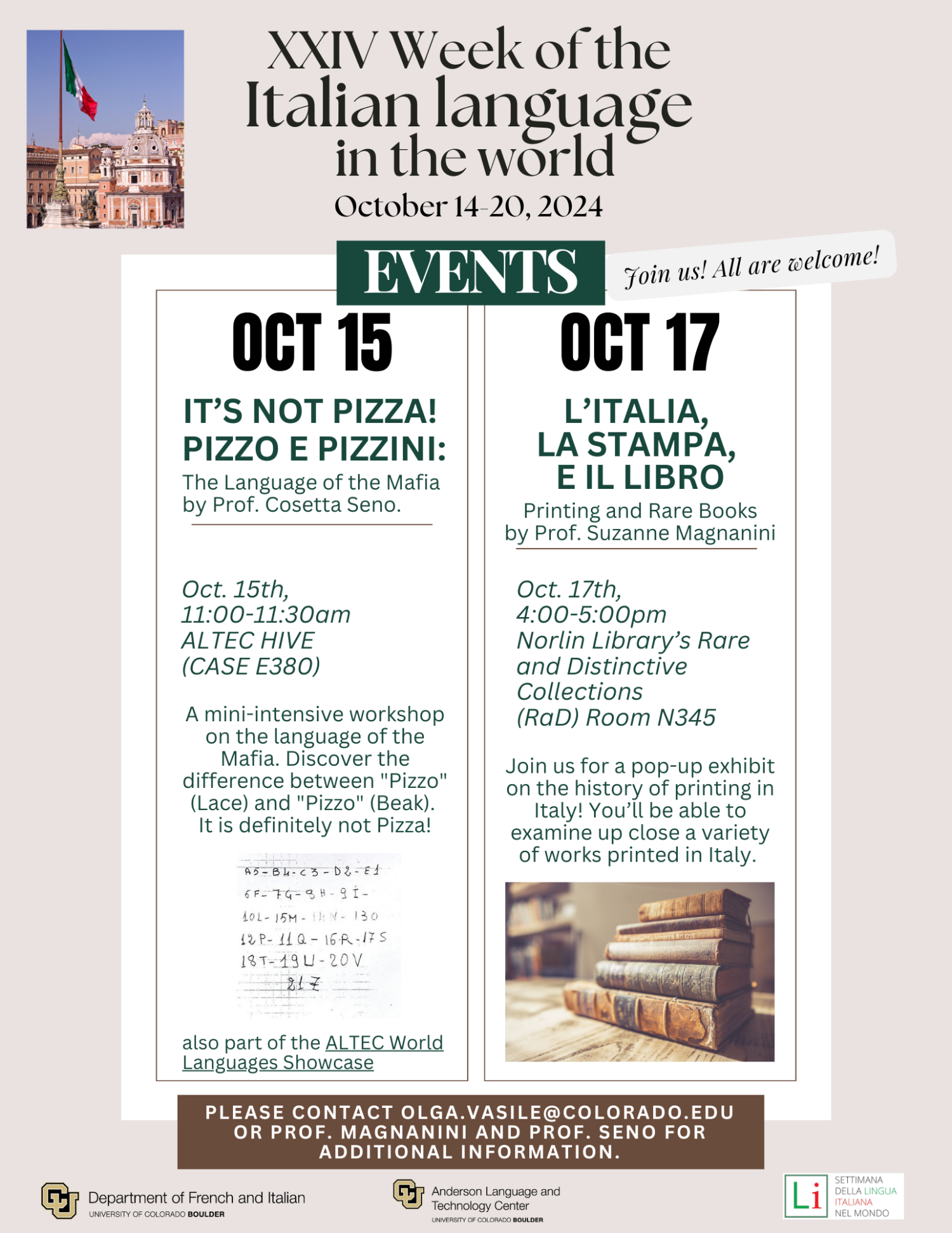 A flyer created to feature two Italian events during Week of the Italian language. Please read details below.