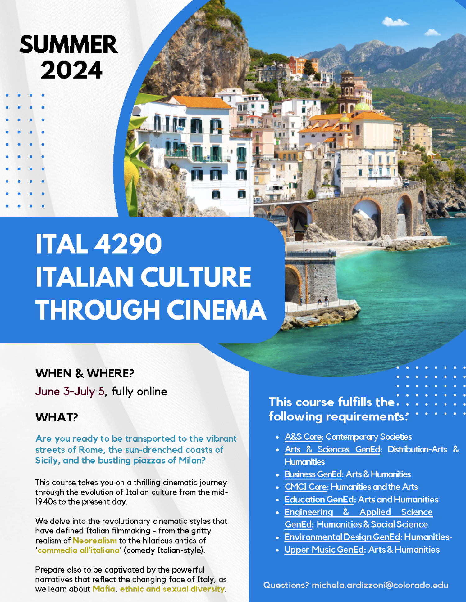 This is a brochure image for our ITAL 4290 course. The information included reflects the text included in the description.