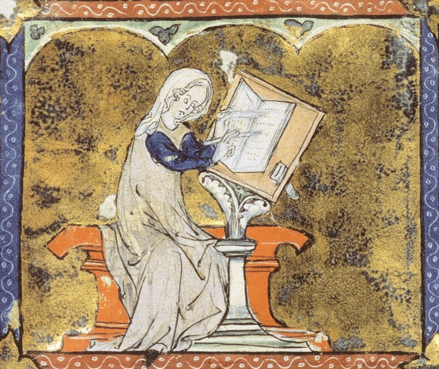 Marie de France, from an illuminated manuscript now in the Bibliothèque nationale de France