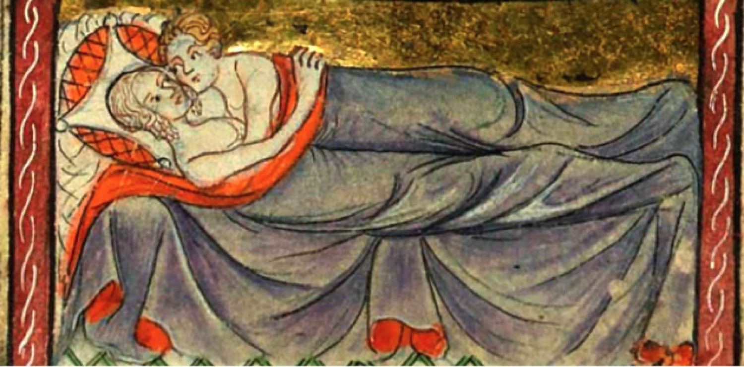 medieval painting of two people laying in bed