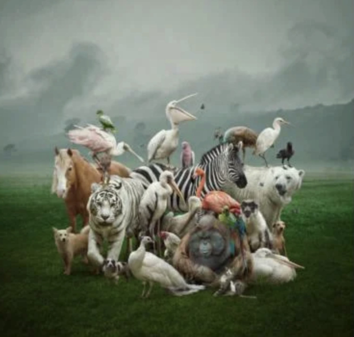 several kinds of different animals standing in a field together