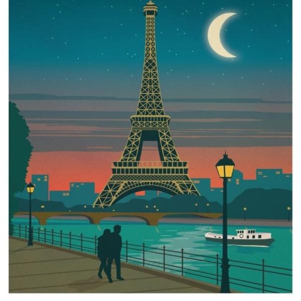 poster-style image of a couple walking in front of the Eiffel Tower at sunset