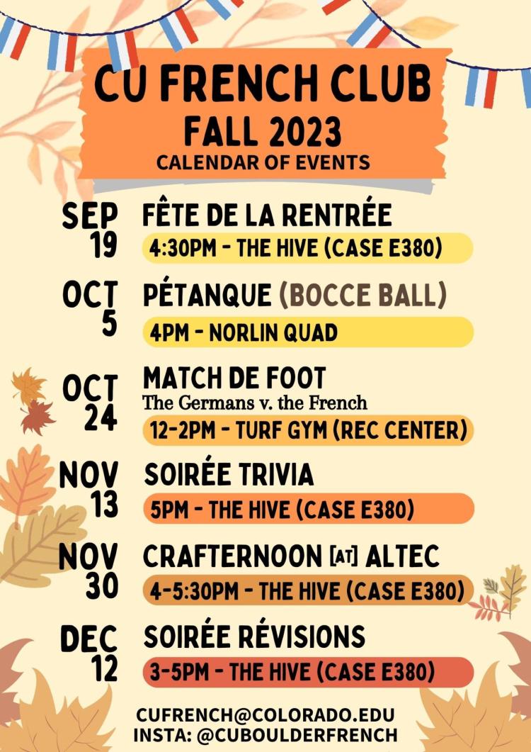 A flyer sharing information on CU French Club events