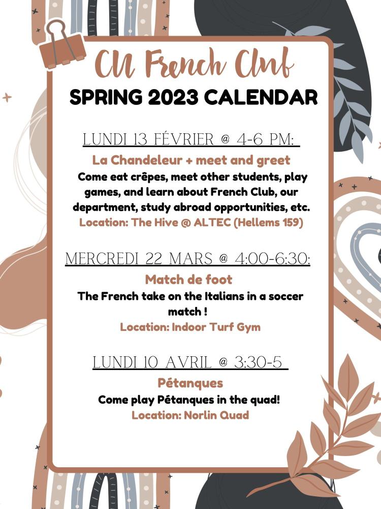 French Club Spring 2023 Calendar