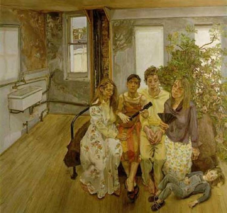 Painting of five people sitting together and playing music