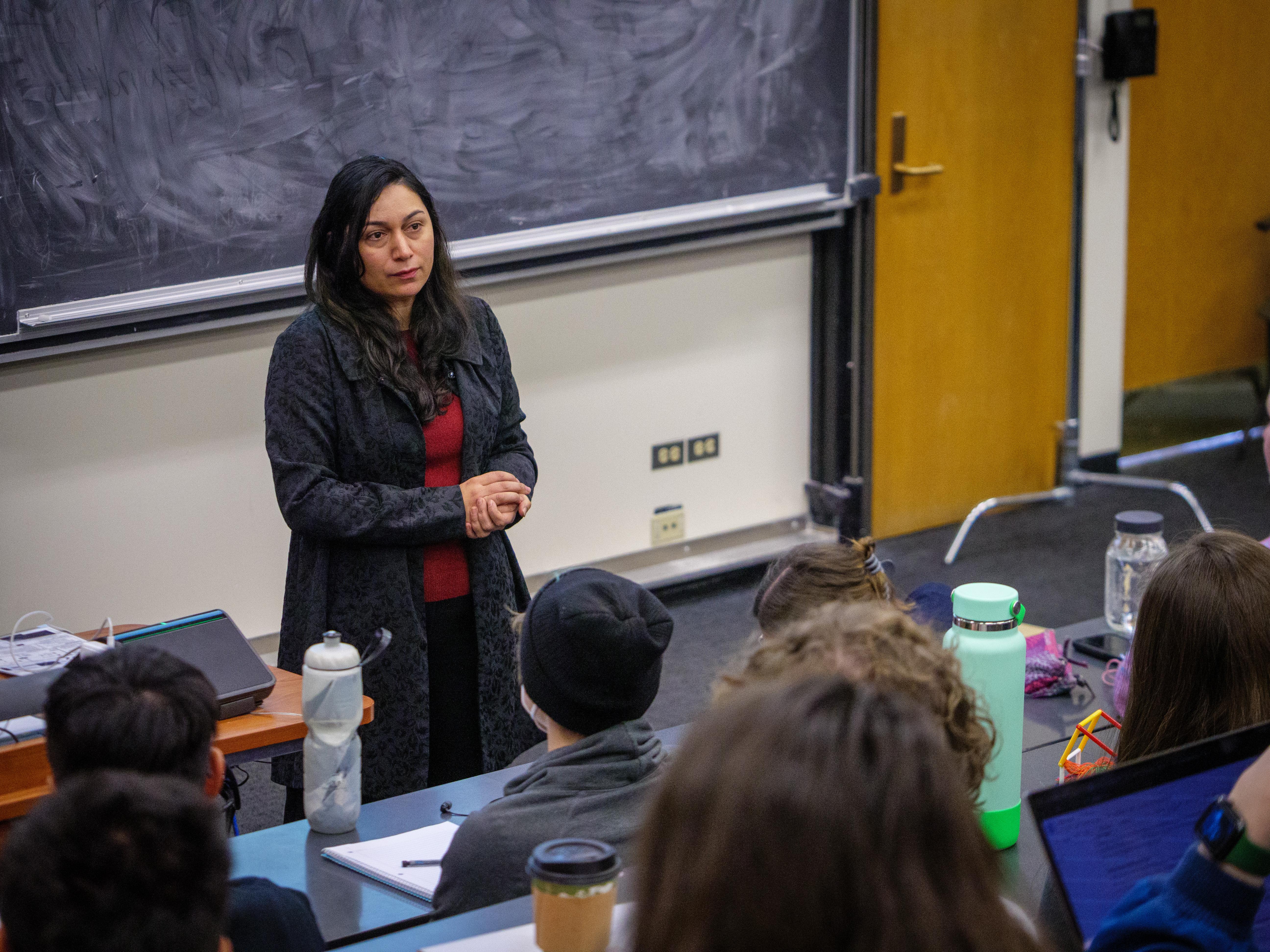 Azadeh Bolhari, her back to the blackboard in front of her class.