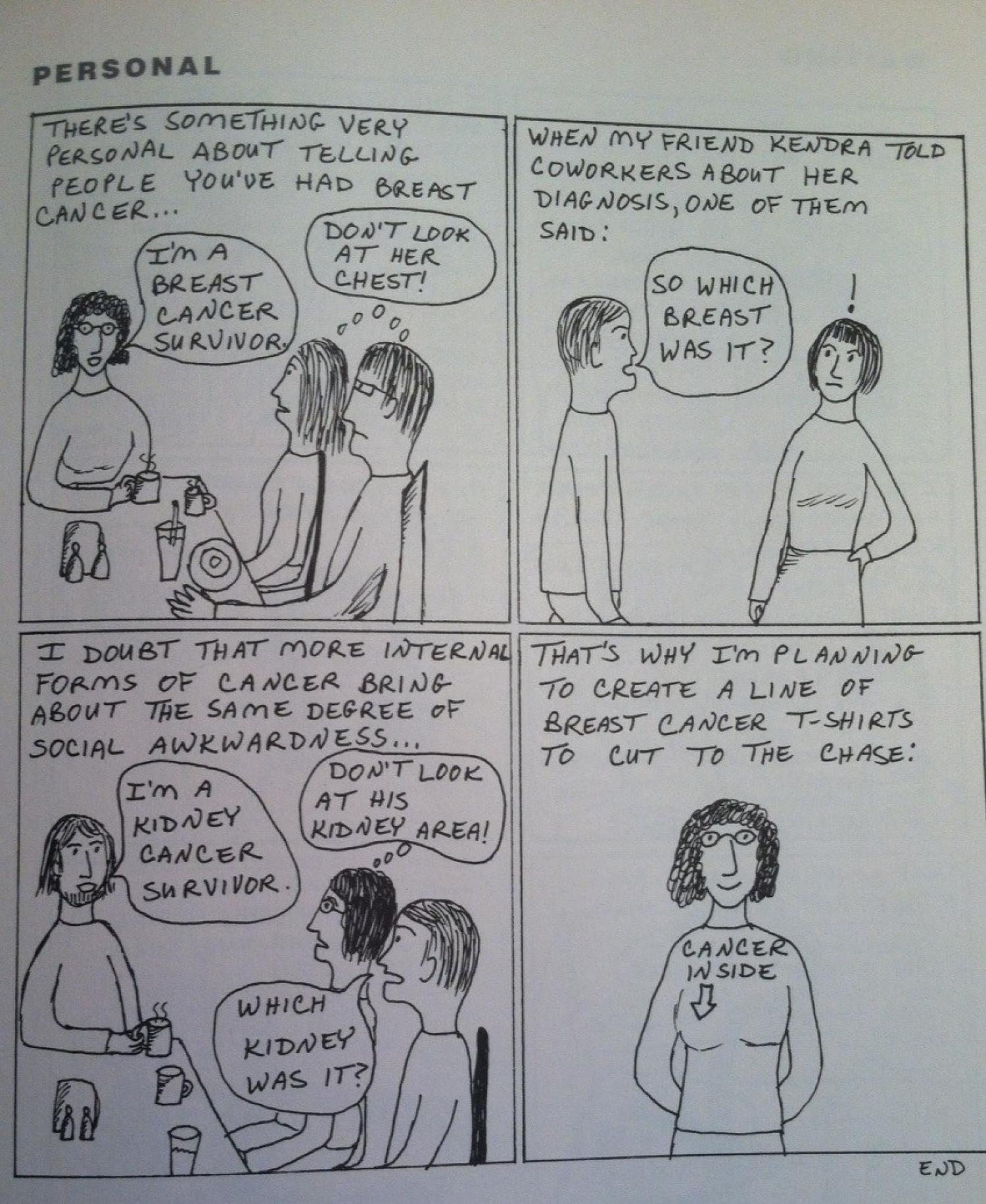 A comic shows people reacting inappropriately to a woman with breast cancer compared to a man with kidney cancer.