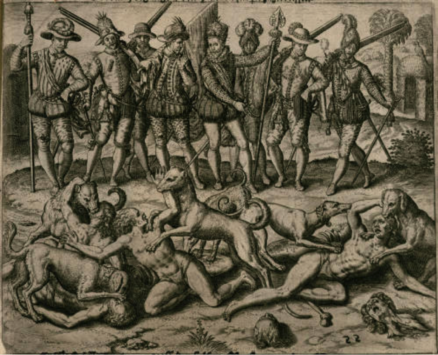 Image of the fierce dogs attacking and devouring several nearly naked and apparently male-bodied indigenous people in the lower field while Balboa and his conquistadors, elaborately decorated and posed, look on from above