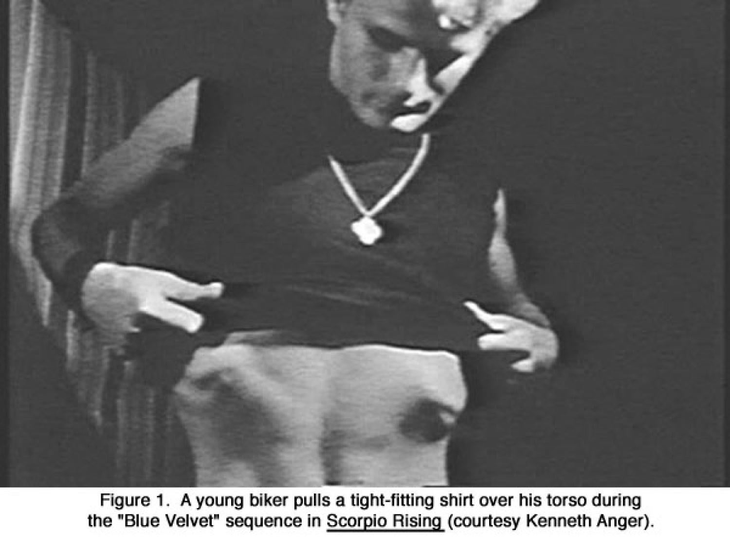 Figure 1: A young biker pulls a tight-fitting shirt over his torso during the "Blue Velvet" sequence in Scorpio Rising (courtesy Kenneth Anger).