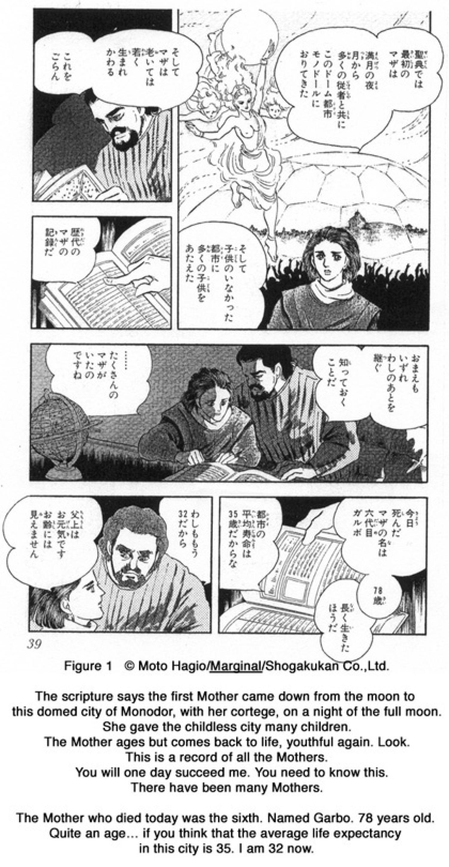 Figure 1: Moto Hagio/Marginal/Shogakukan Co., Ltd. - The scripture says the first Mother came down from the moon to this domed city of Monodor, with her cortege, on a night of the full moon. She gave the childless city many children. The Mother ages but comes back to life, youthful again. Look. This is a record of all the Mothers. You will one day succeed me. You need to know this. There have been many Mothers. The Mother who died today was the sixth. Named Garbo. 78 years old. Quite an age...