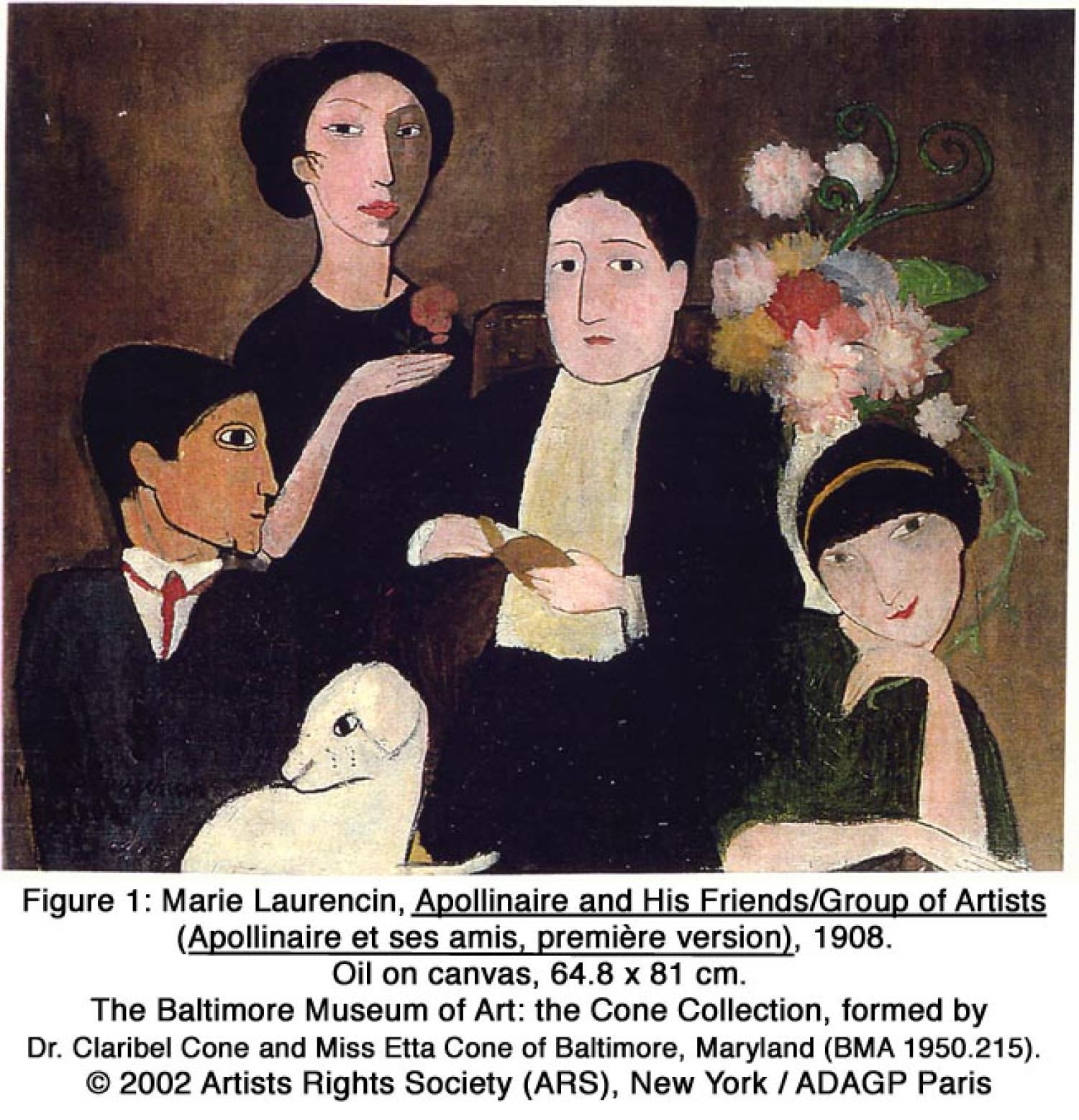 Figure 1: Marie Laurencin, Appolinaire and His Friends/Group of Artists (Appolinaire et ses amis, première version), 1908. Oil on canvas, 64.8 x 81 cm. The Baltimore Museum of Art: the Cone Collection, formed by Dr. Claribel Cone and Miss Etta Cone of Baltimore, Maryland (BMA 1950.215). © 2002 Artists Rights Society (ARS), New York / ADAGP Paris