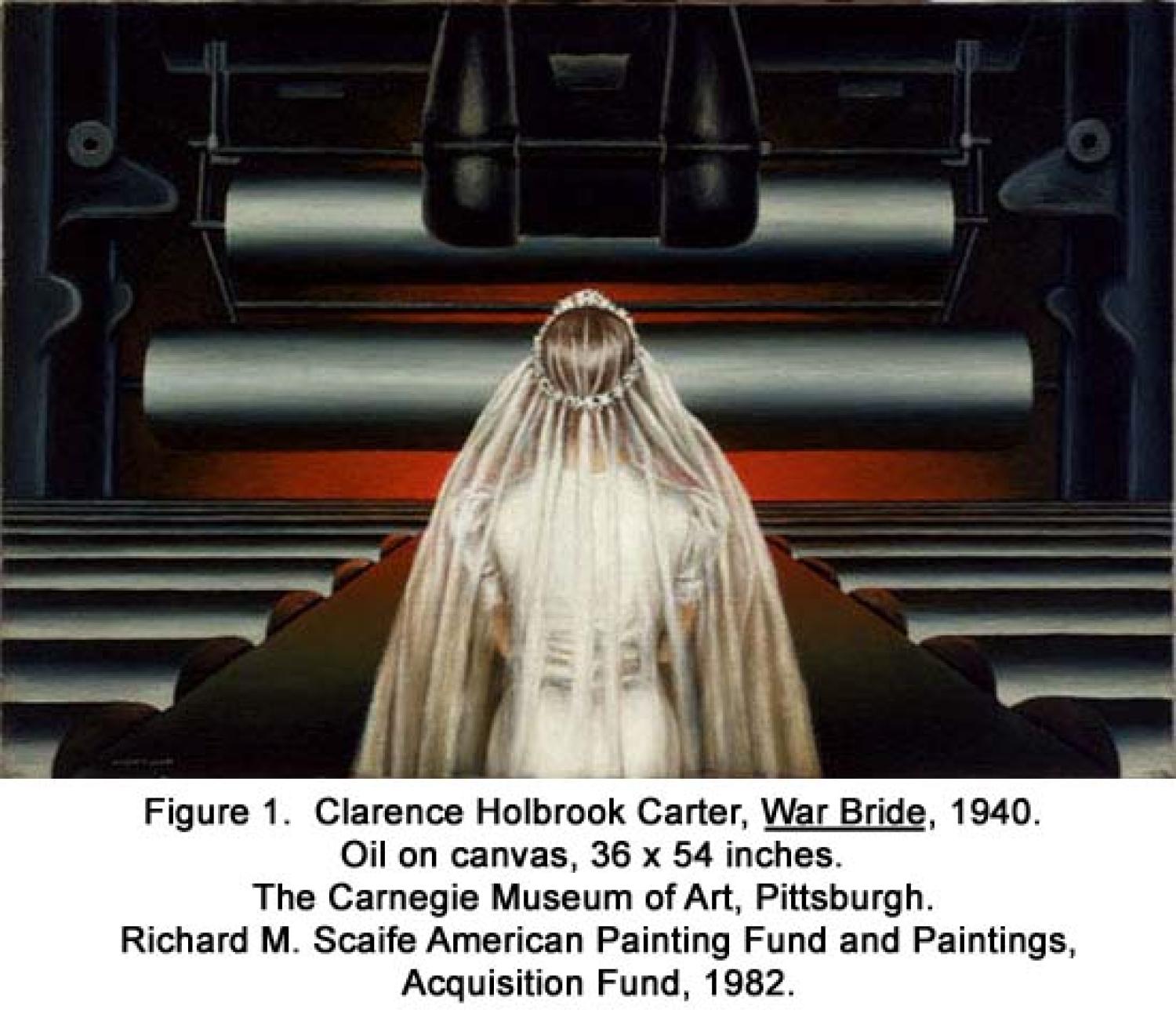Figure 1: Clarence Holbrook Carter, War Bride, 1940. A white woman with blond hair. She wears a short-sleeved white dress and a wreath of white flowers over a long white transparent veil–a virgin bride on her wedding day. She is seen from the back and stands in front of the machinery of the steel mill, painted to suggest a sanctuary.