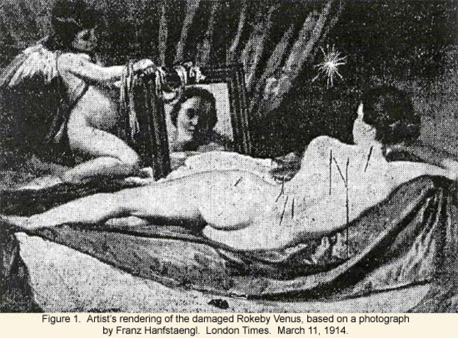 Figure 1: Artists's rendering of the damaged Rokeby Venus, based on a photograph by Franz Hanfstaeng