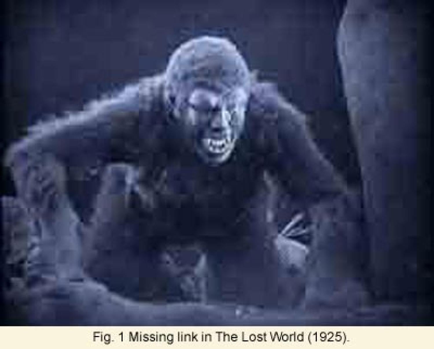 Figure 1: Missing Link in the Lost World monster. An ape-like creature walking toward the viewer on hands and knees.