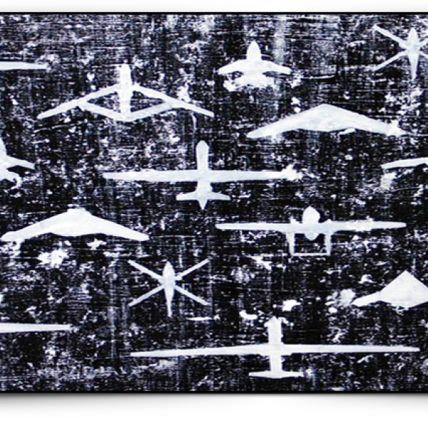Abstract artwork of planes and mountains in a pattern