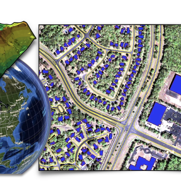 Collage or 3D map, the earth, and an overhead satellite image