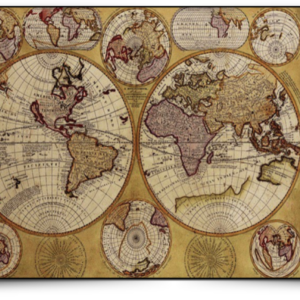 Composite image of flowcharts, computer code, and an old world map